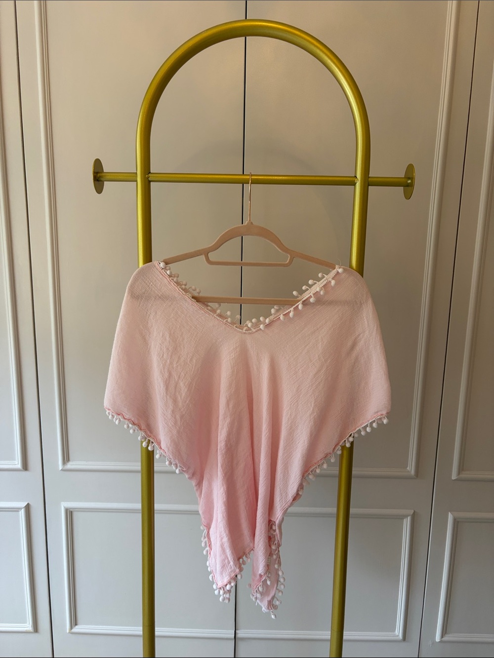 Light Pink Pom-Pom Trim kids Poncho/Bathing Suit cover up